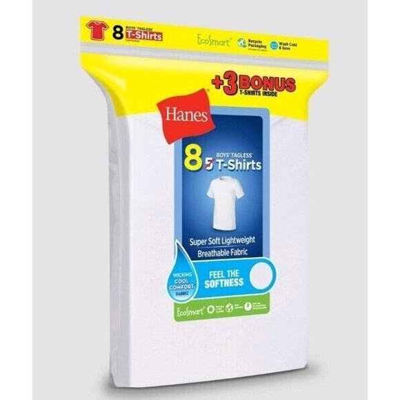 Hanes Boys' 8-Pack Crew T-Shirt - White, Small S/P 6-8, Tagless EcoSmart Wicking - Picture 1 of 3